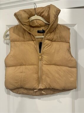 NY Threads Tan Cropped Puffer Vest - Sleeveless Quilted Jacket